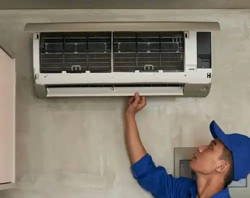 AC repair technician diagnosing an air conditioning unit in a Harlingen, TX home